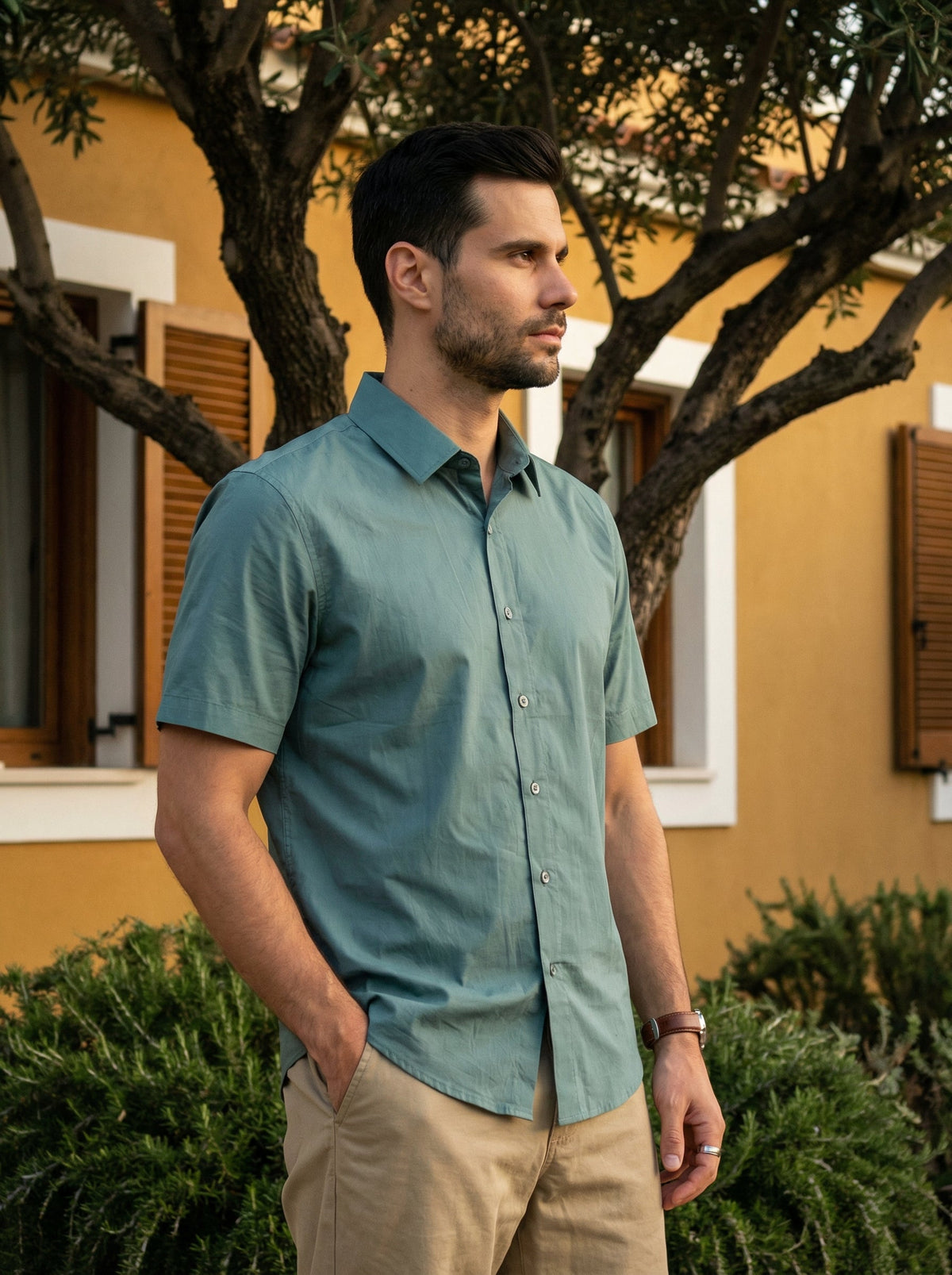 Sea Green Solid Print Band Collar Cotton Shirt For Men