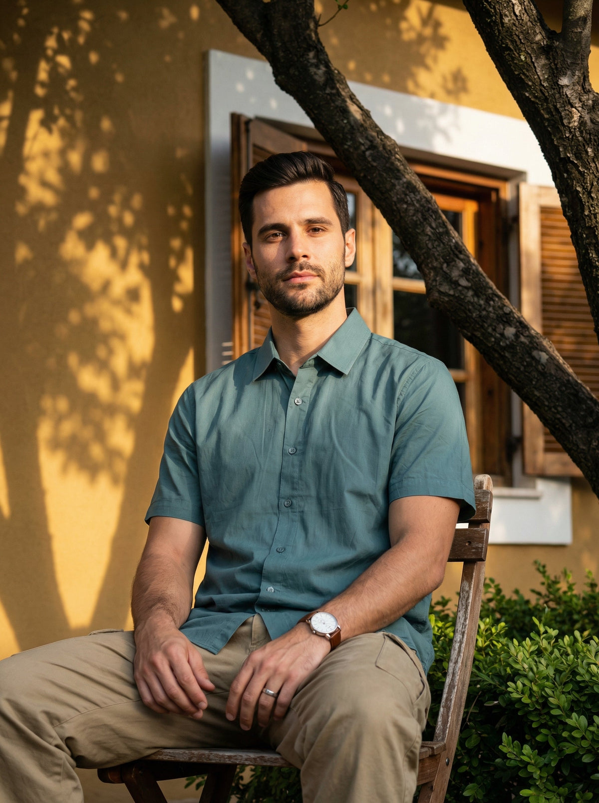 Sea Green Solid Print Band Collar Cotton Shirt For Men