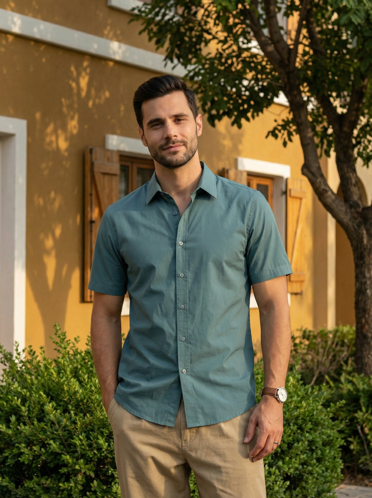 Sea Green Solid Print Band Collar Cotton Shirt For Men