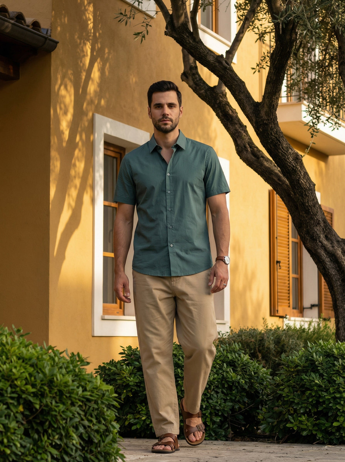 Sea Green Solid Print Band Collar Cotton Shirt For Men