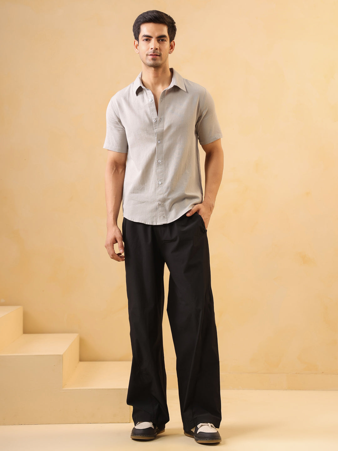 Grey Solid Band Collar Short Sleeves Cotton Shirt For Men