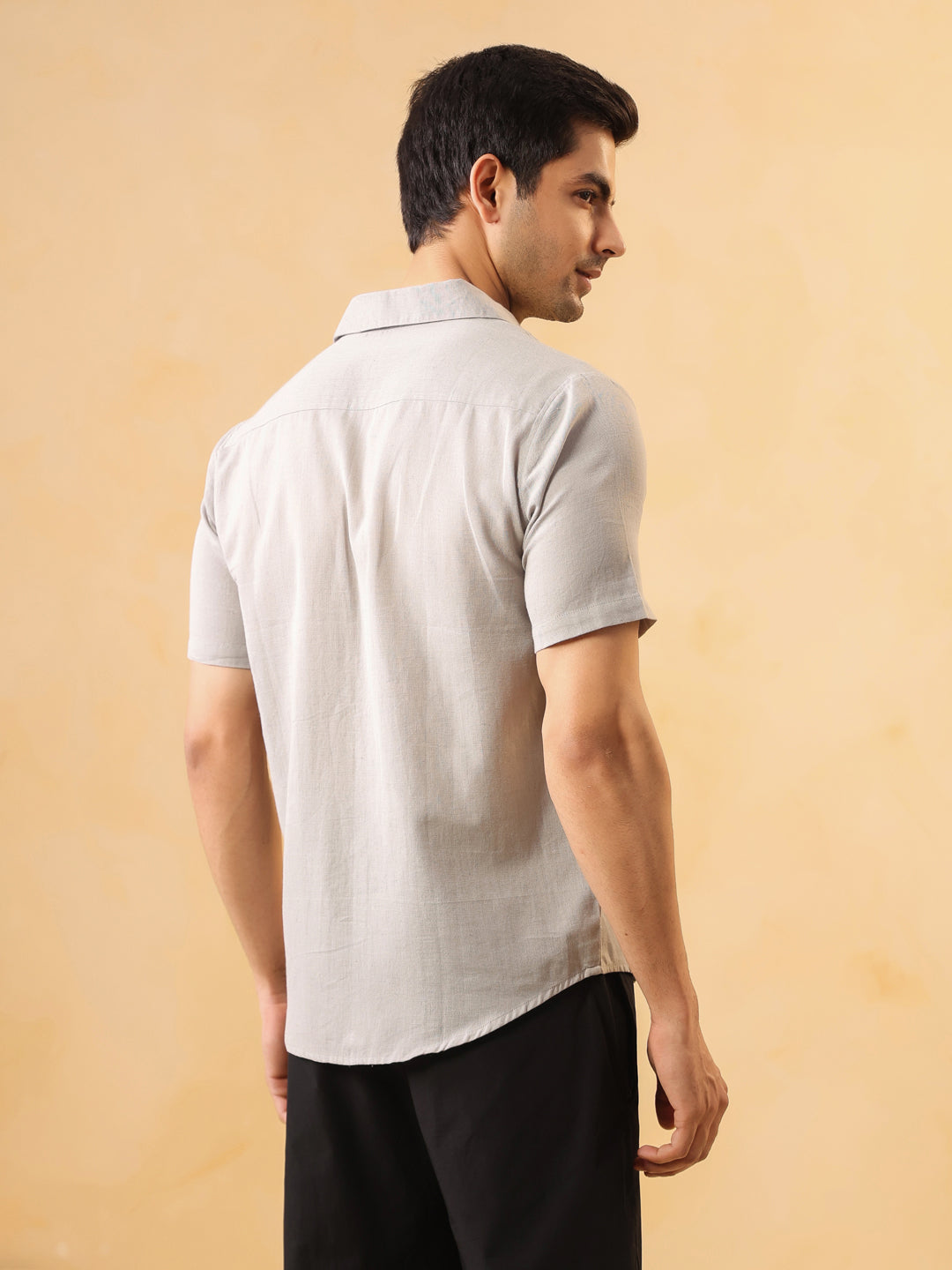 Grey Solid Band Collar Short Sleeves Cotton Shirt For Men
