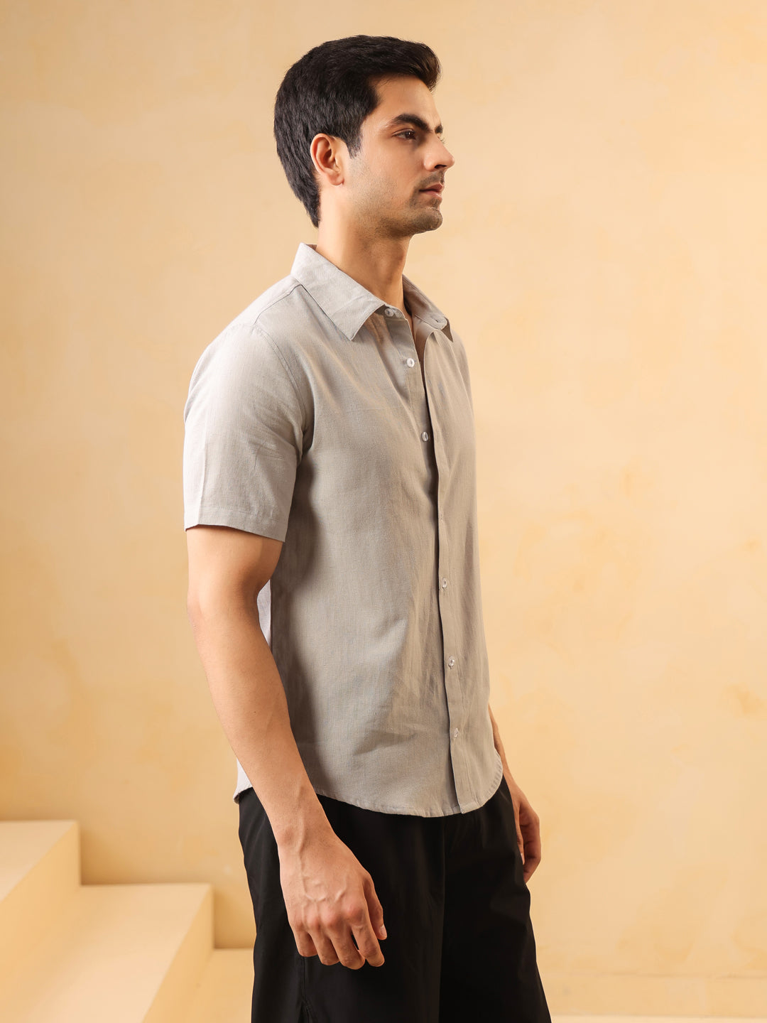 Grey Solid Band Collar Short Sleeves Cotton Shirt For Men