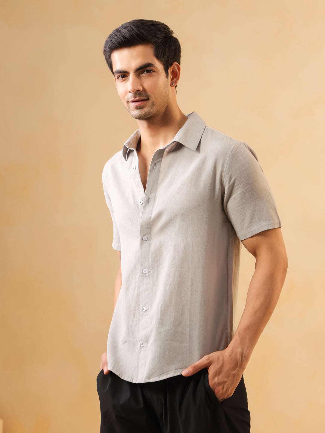 Grey Solid Band Collar Short Sleeves Cotton Shirt For Men