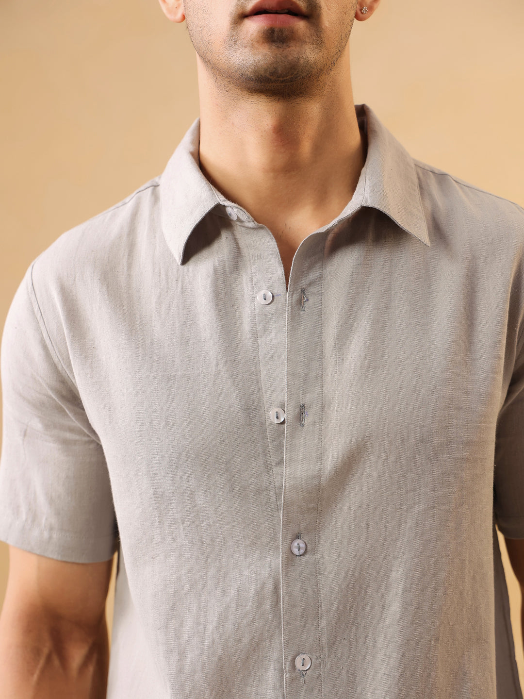 Grey Solid Band Collar Short Sleeves Cotton Shirt For Men
