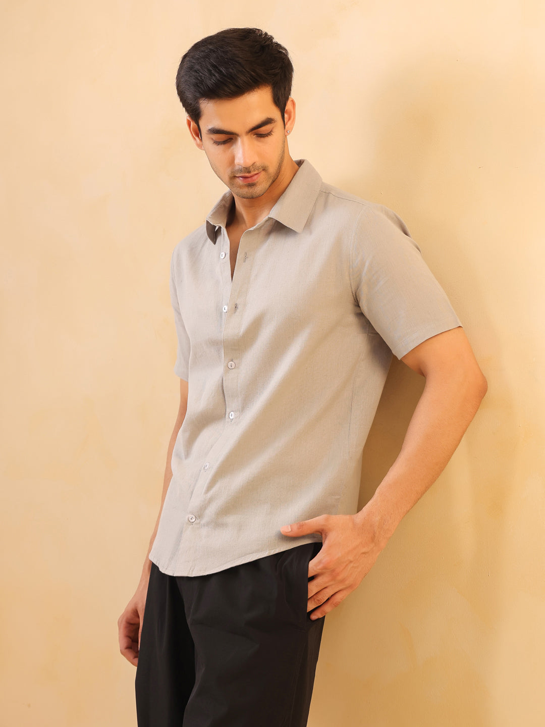 Grey Solid Band Collar Short Sleeves Cotton Shirt For Men