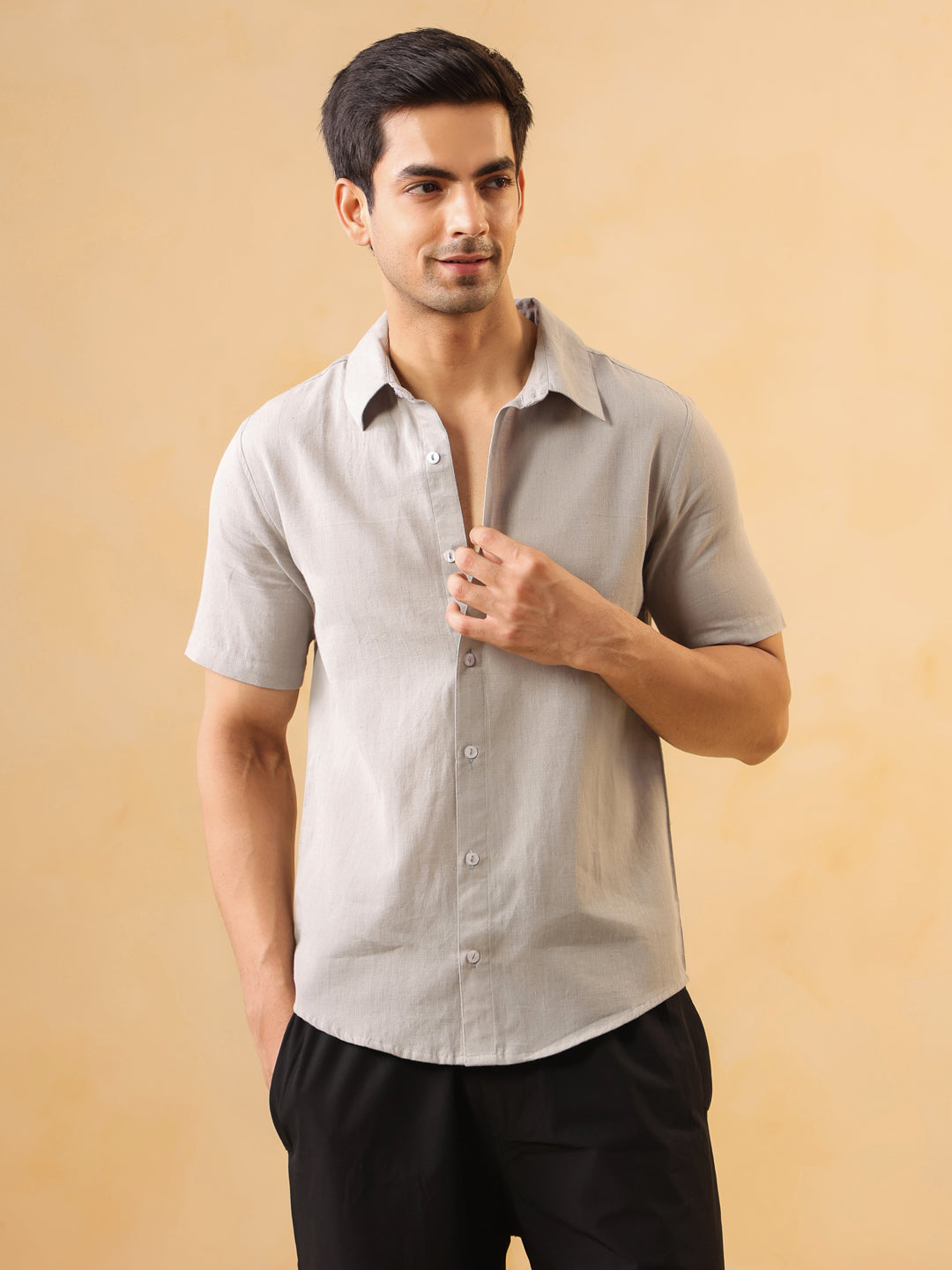 Grey Solid Band Collar Short Sleeves Cotton Shirt For Men