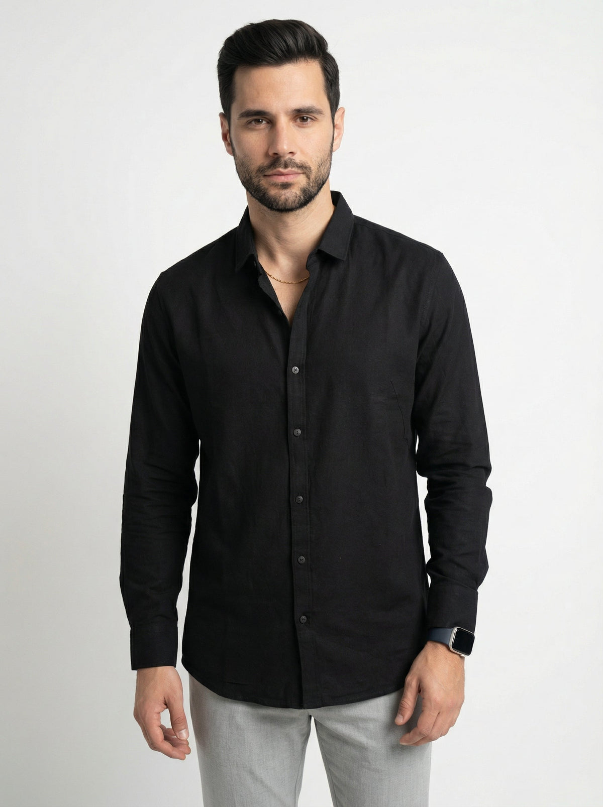 Black Band Collar Solid Print With Long Sleeves Cotton Shirt For Men