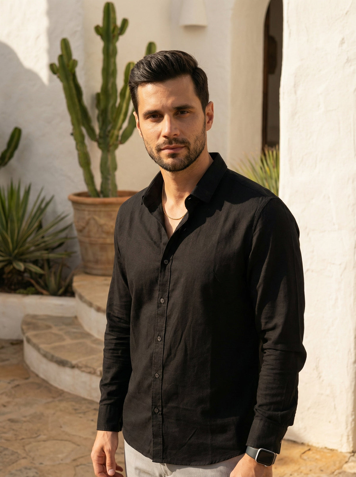 Black Band Collar Solid Print With Long Sleeves Cotton Shirt For Men
