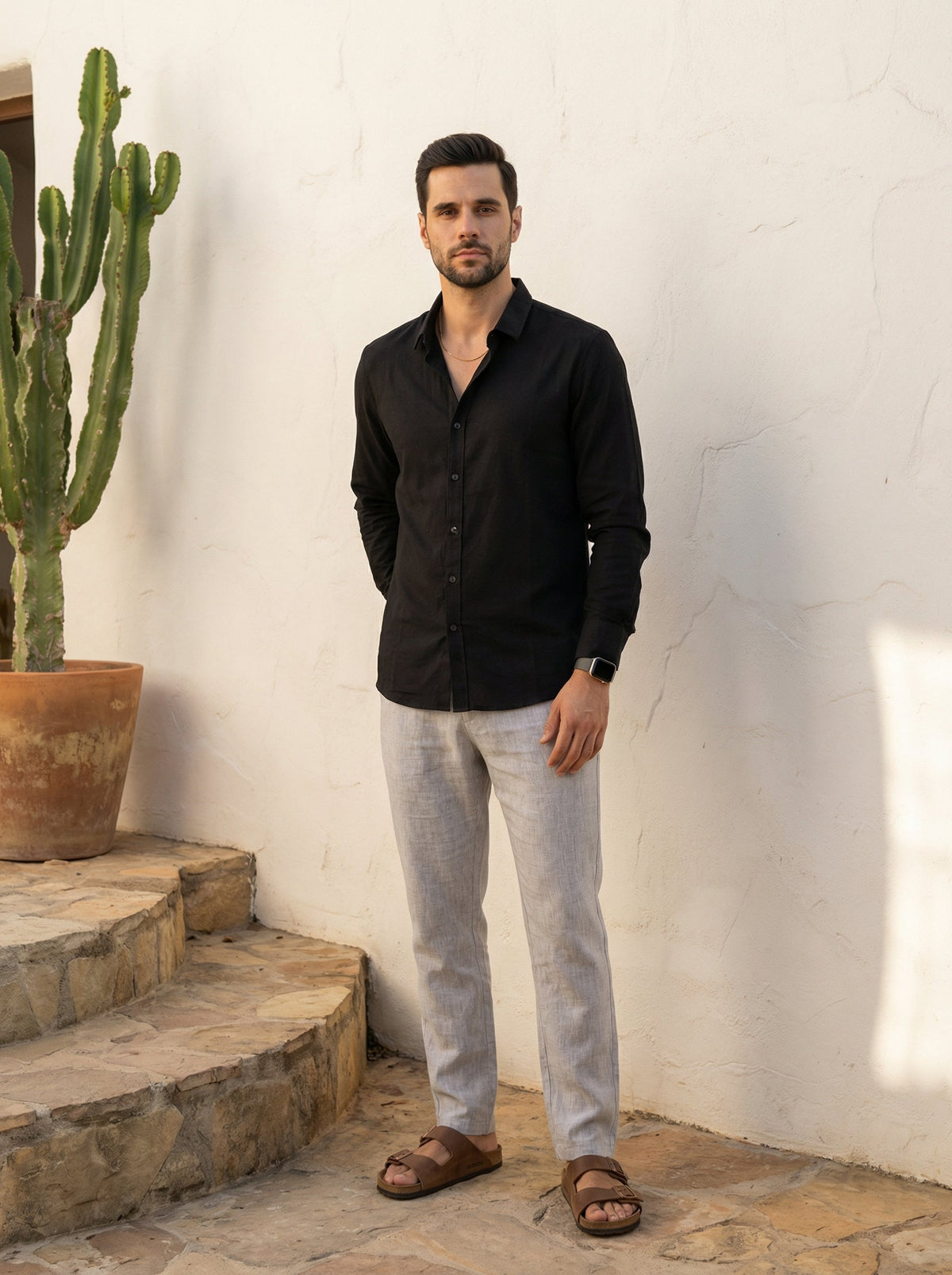 Black Band Collar Solid Print With Long Sleeves Cotton Shirt For Men