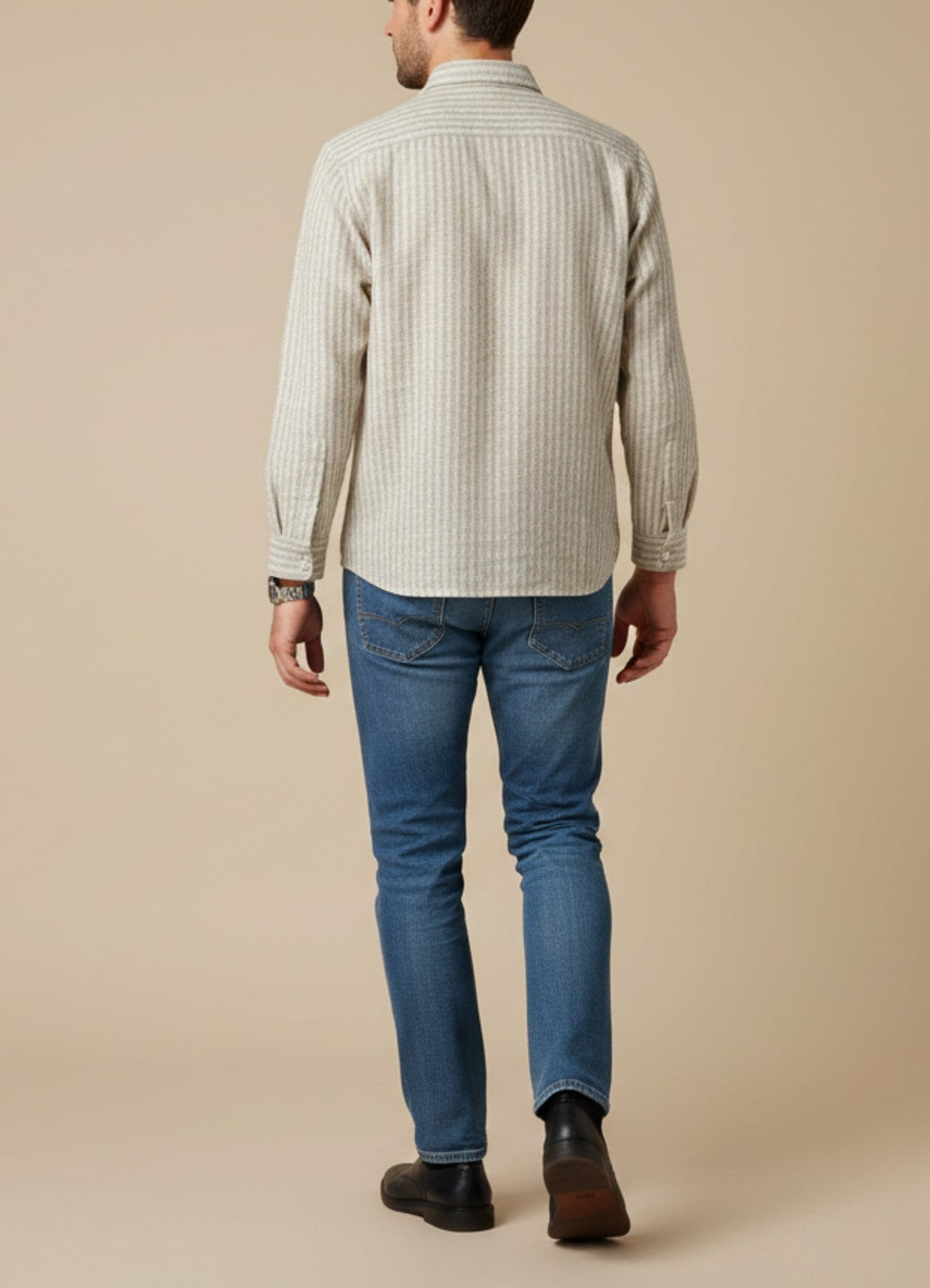 Off White Band Collar Striped Cotton Men's Shirt