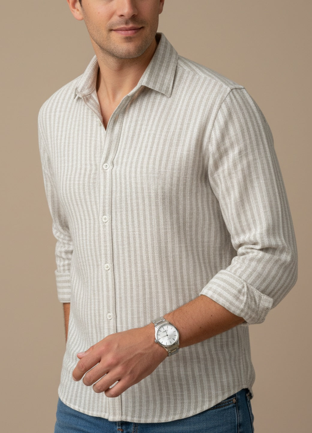 Off White Band Collar Striped Cotton Men's Shirt