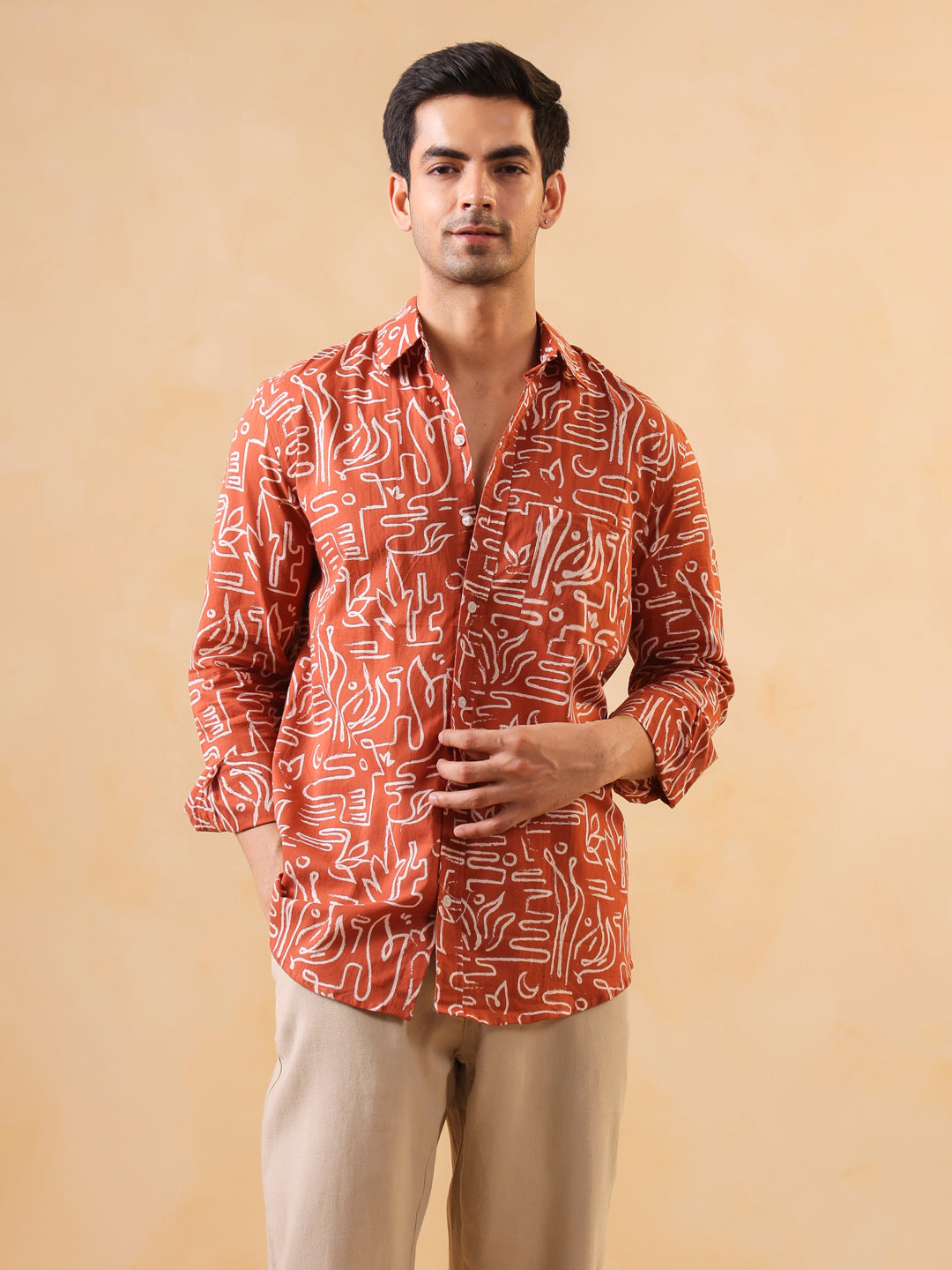 Rust Abstract Print Band Collar Solid Cotton Men's Shirt