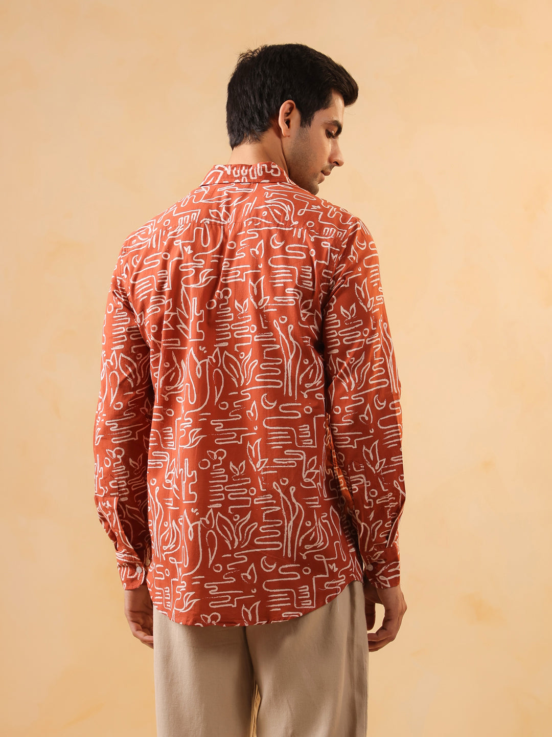 Rust Abstract Print Band Collar Solid Cotton Men's Shirt