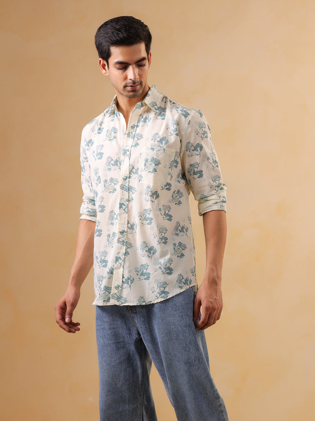 White Floral Print Band Collar Printed Cotton Men's Shirt