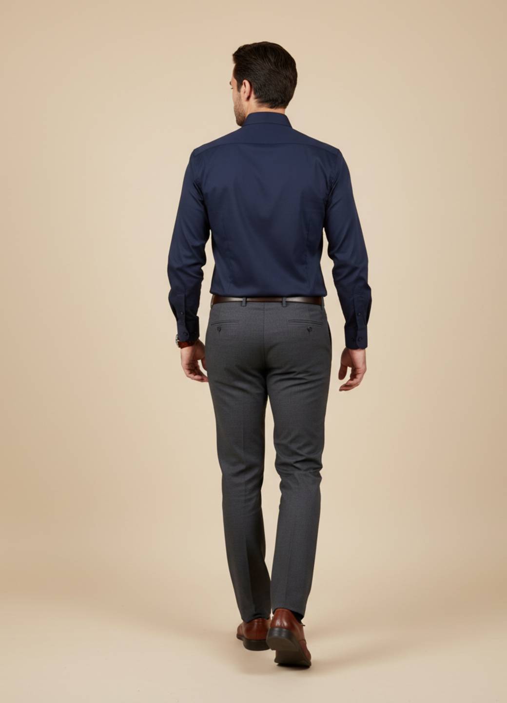 Navy Blue Solid Satin Band Collar Shirt For Men