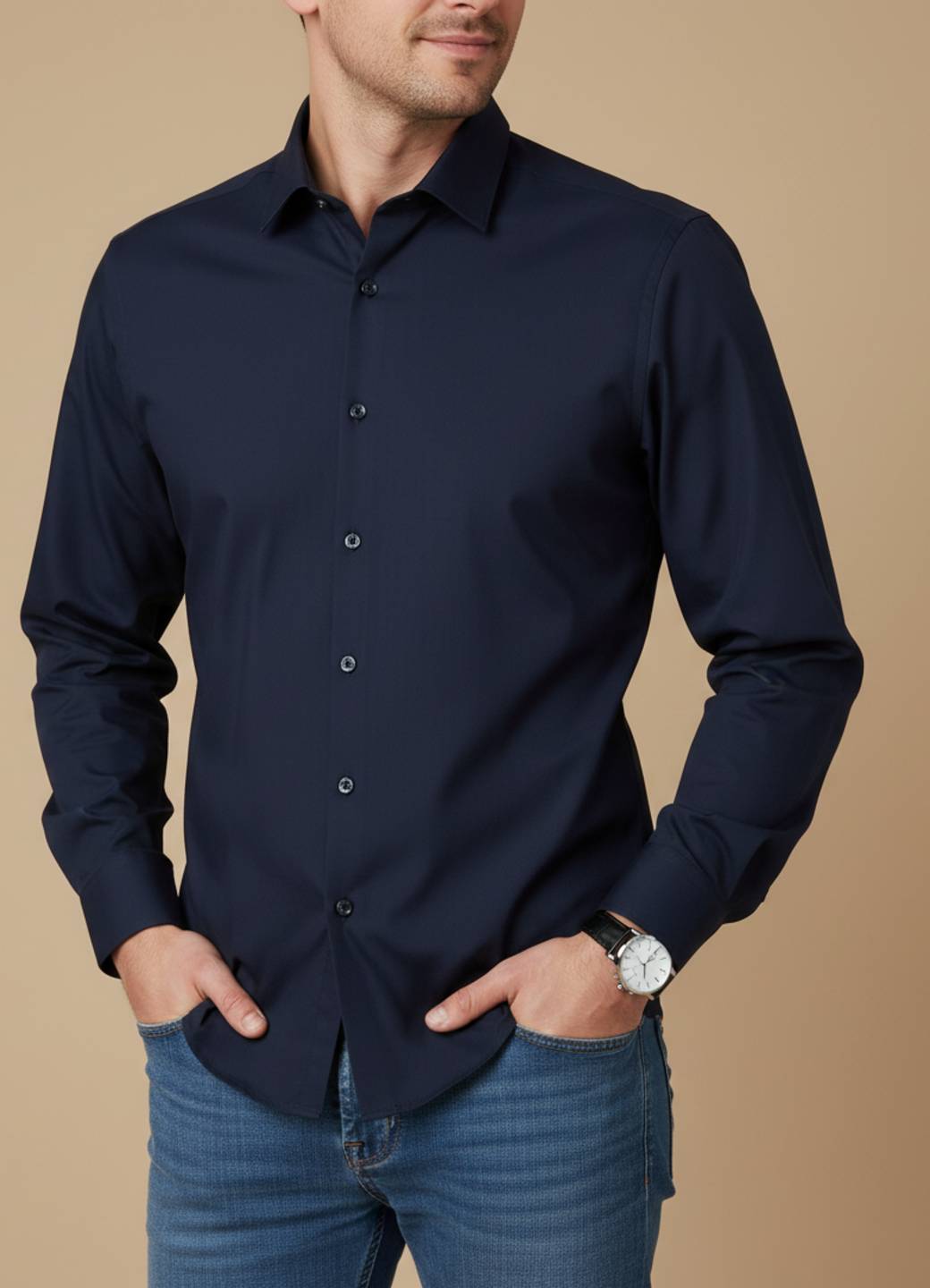 Navy Blue Solid Satin Band Collar Shirt For Men