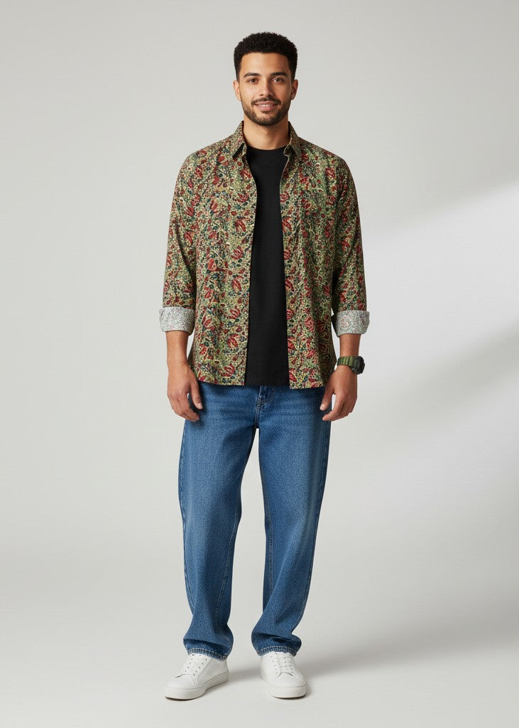 Green Spread Collar Floral Print Pure Cotton Men's Shirt