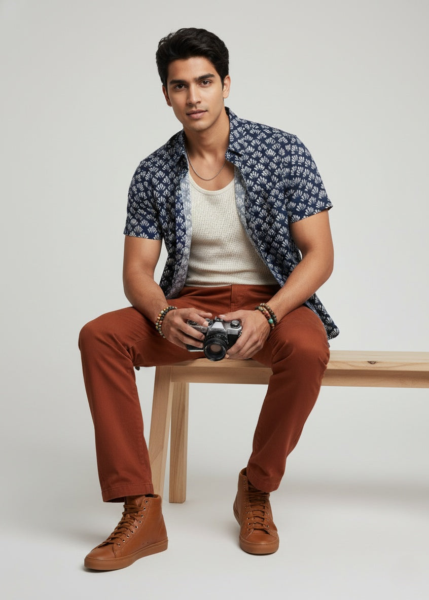 Blue Ethnic Motifs Print Spread Collar Pure Cotton Men's Shirt