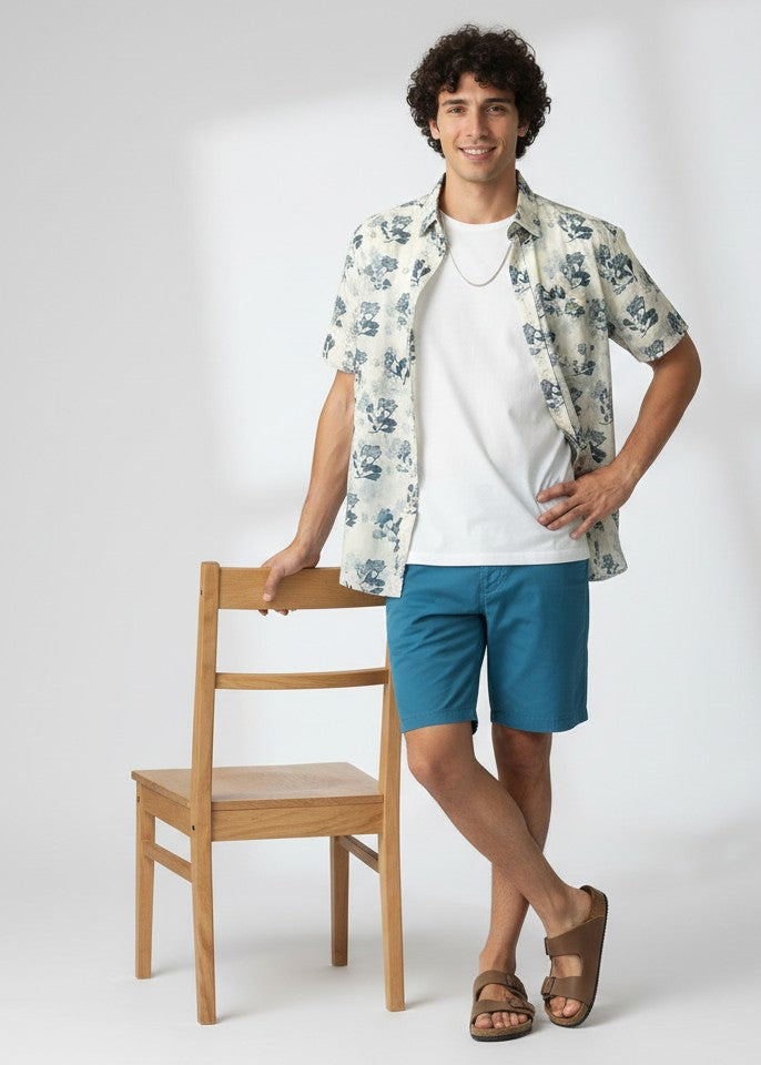 White Floral Print Band Collar Pure Cotton Shirt For Men