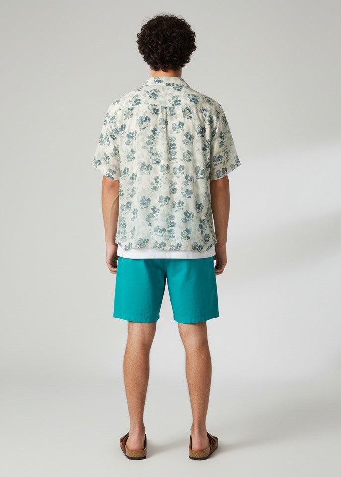 White Floral Print Band Collar Pure Cotton Shirt For Men