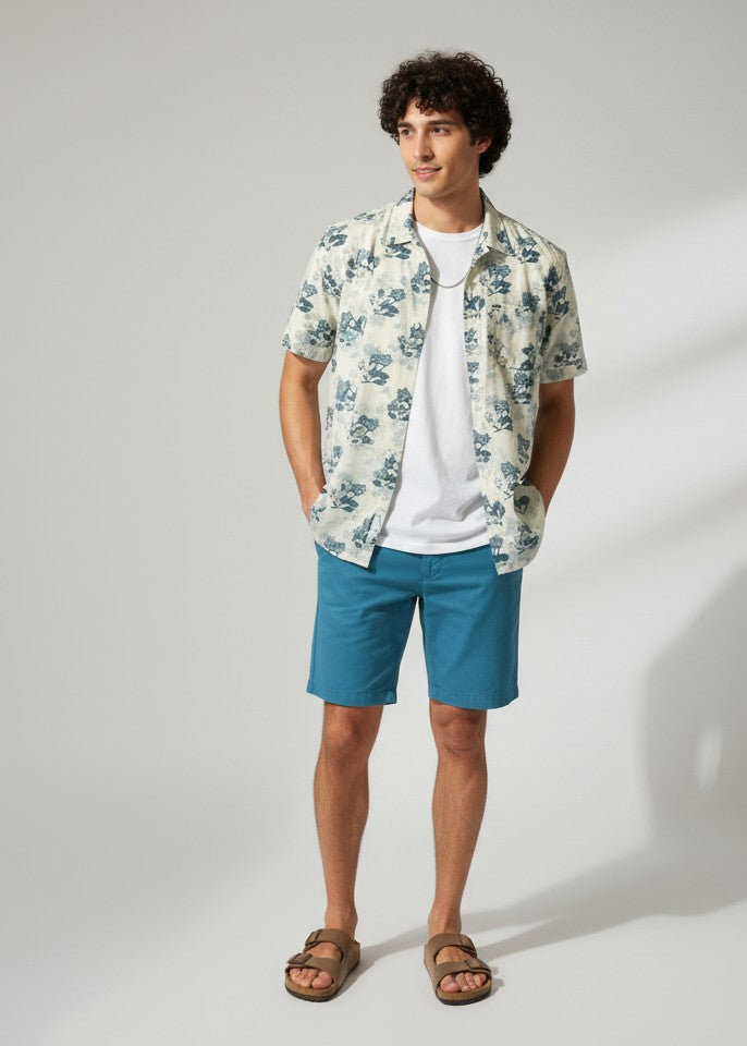 White Floral Print Band Collar Pure Cotton Shirt For Men
