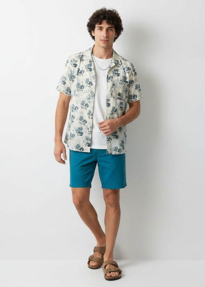 White Floral Print Band Collar Pure Cotton Shirt For Men