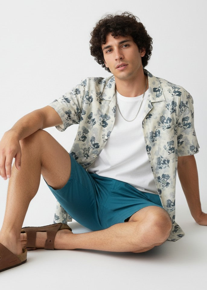 White Floral Print Band Collar Pure Cotton Shirt For Men