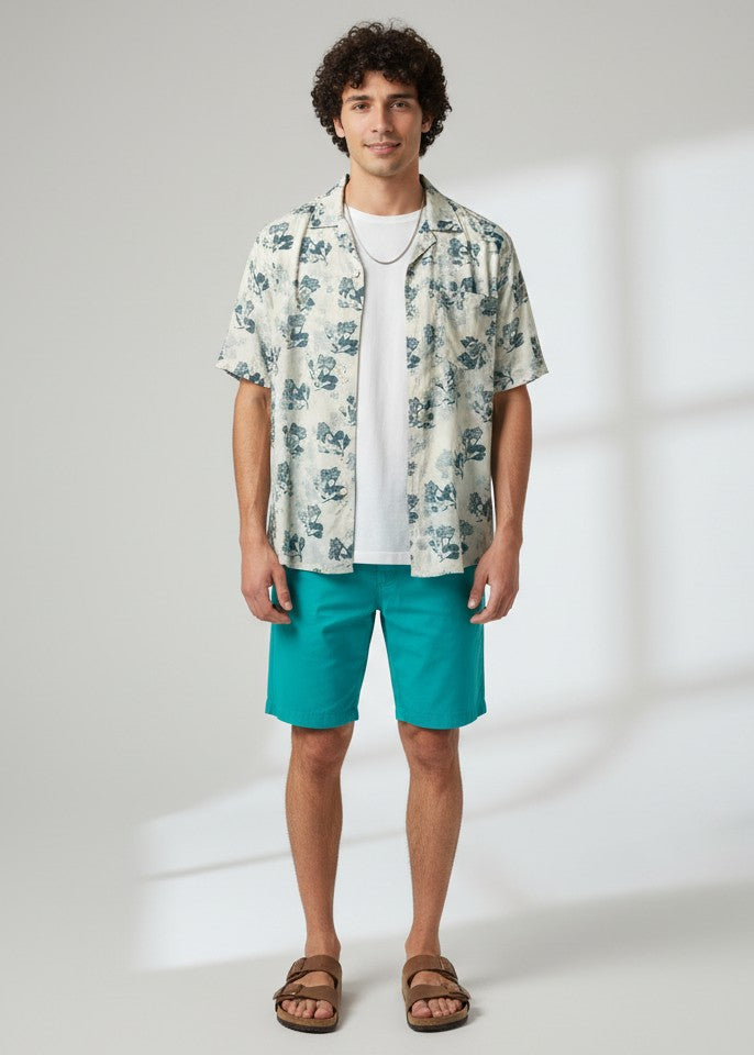 White Floral Print Band Collar Pure Cotton Shirt For Men