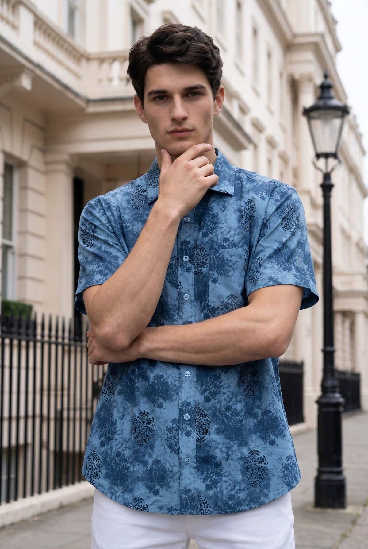 Blue Band Collar Ethnic Motifs Print Casual Cotton Shirt For Men