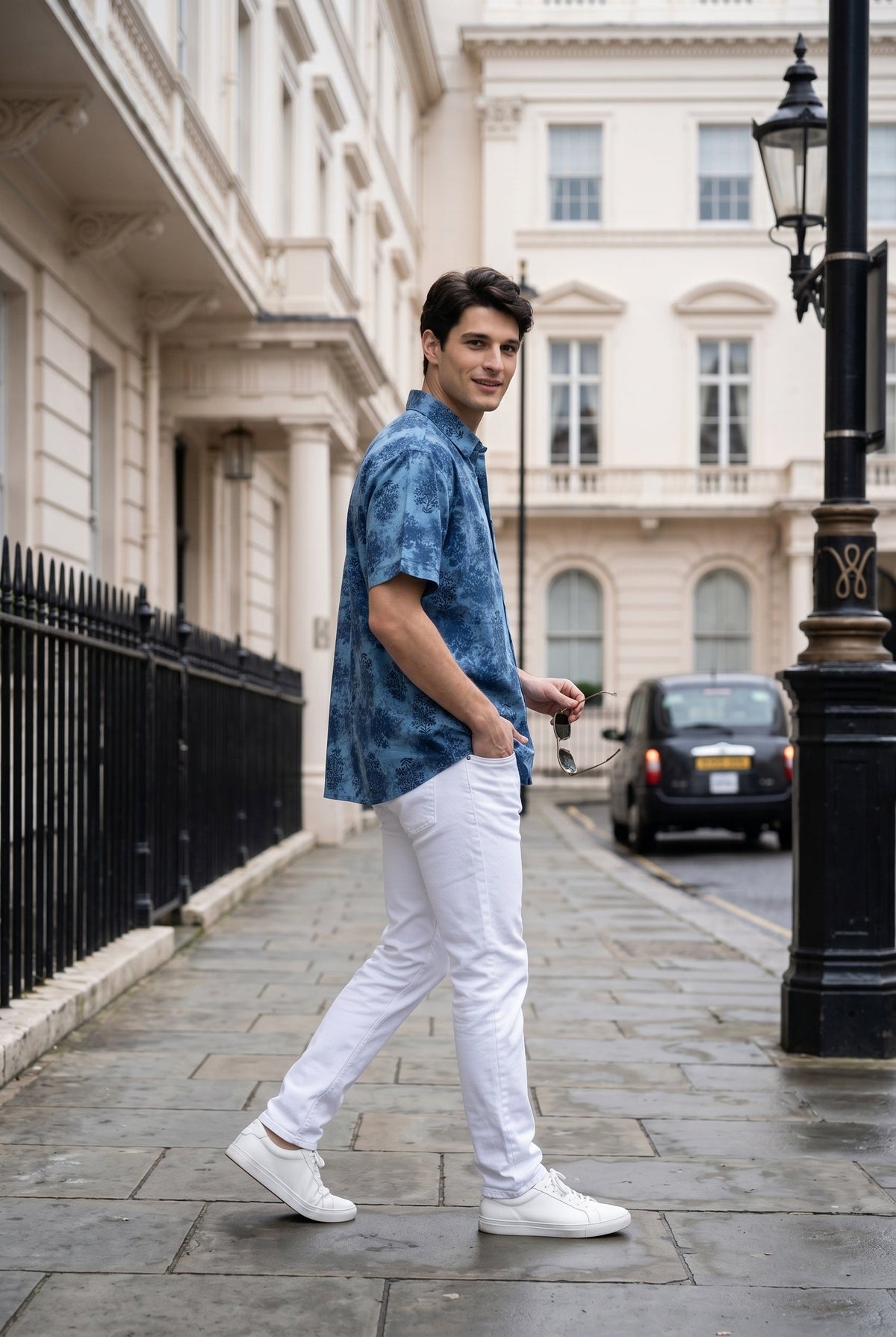 Blue Band Collar Ethnic Motifs Print Casual Cotton Shirt For Men