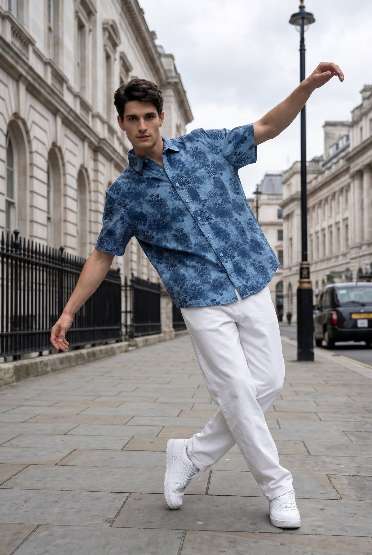 Blue Band Collar Ethnic Motifs Print Casual Cotton Shirt For Men