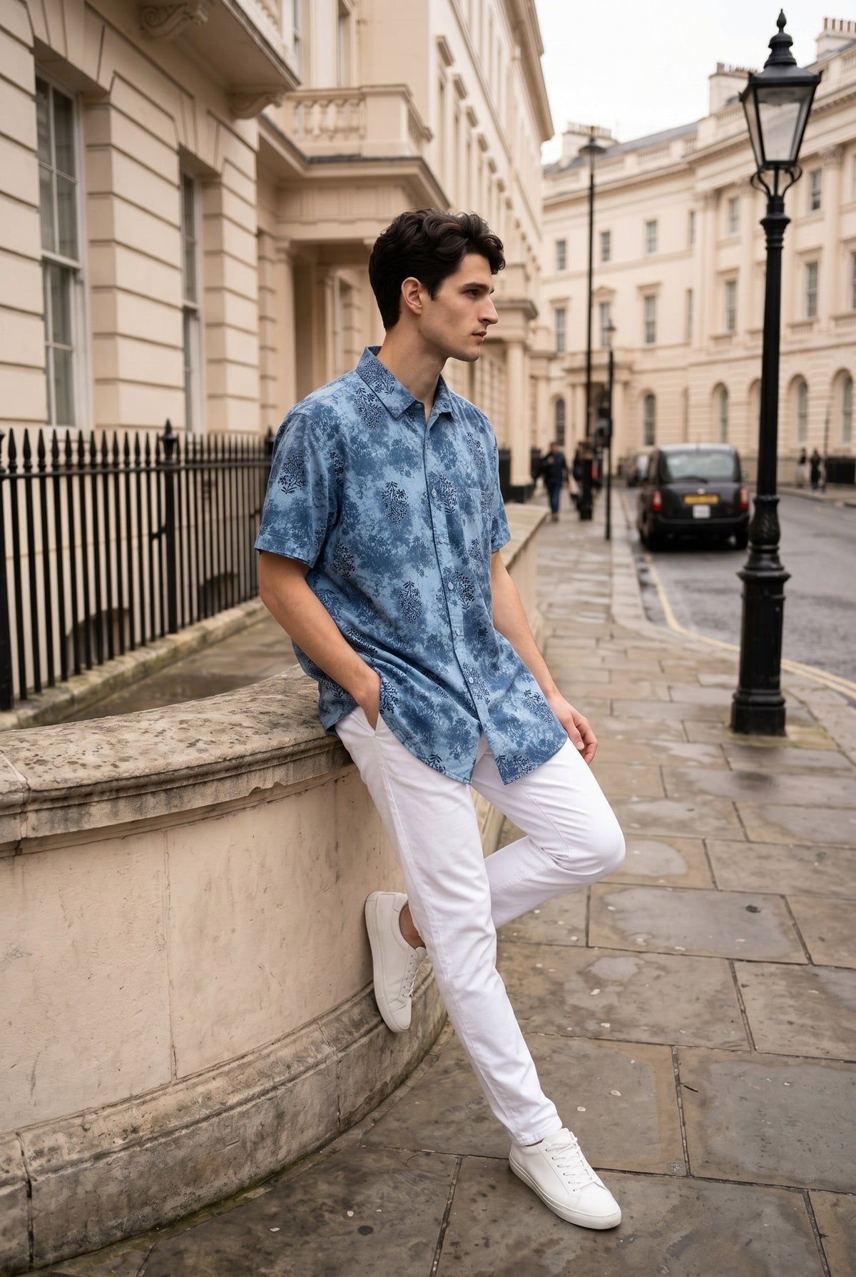 Blue Band Collar Ethnic Motifs Print Casual Cotton Shirt For Men