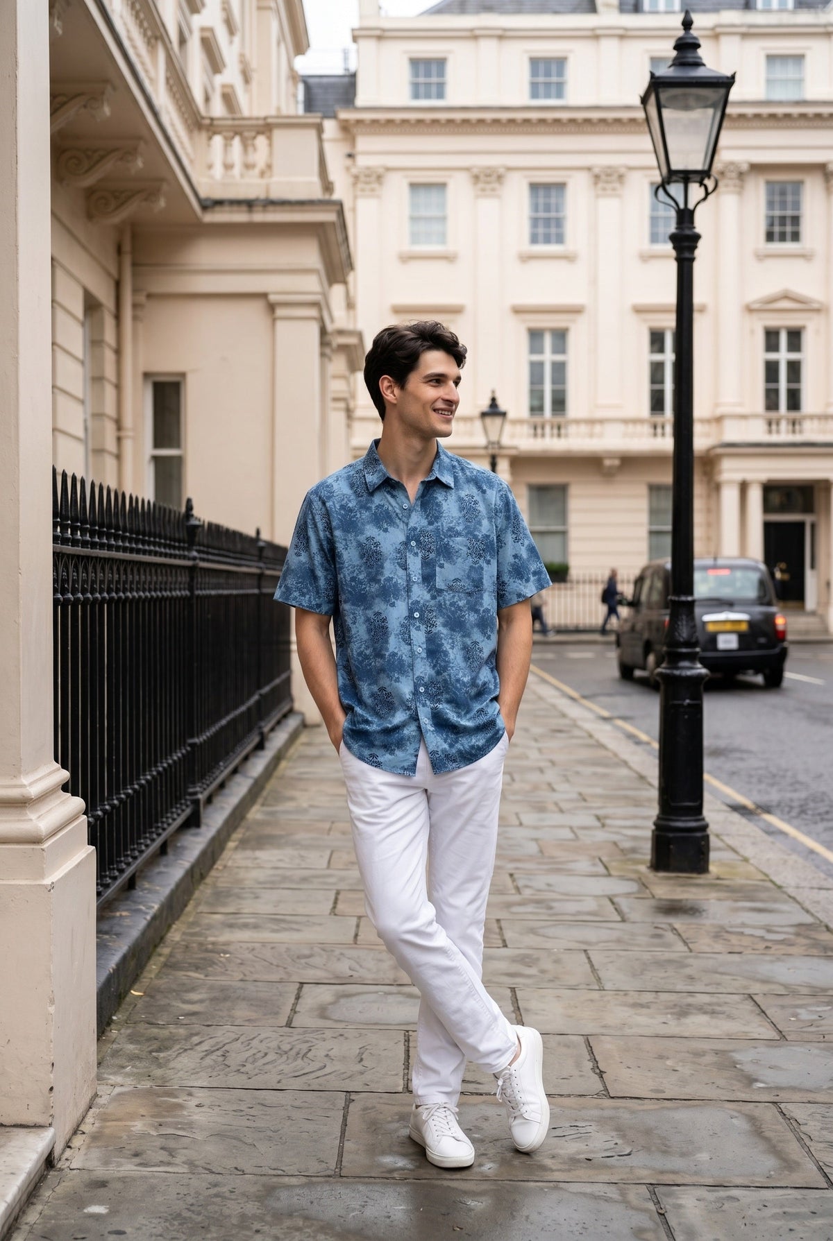 Blue Band Collar Ethnic Motifs Print Casual Cotton Shirt For Men