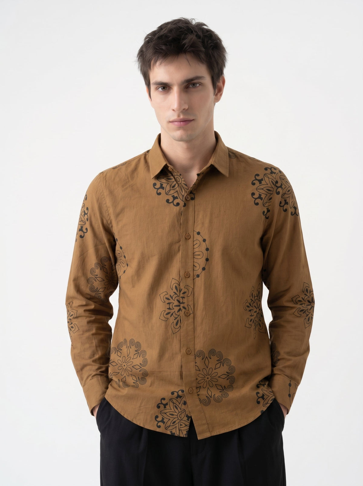 Brown Ethnic Motifs Print Band Collar Cotton Shirt For Men
