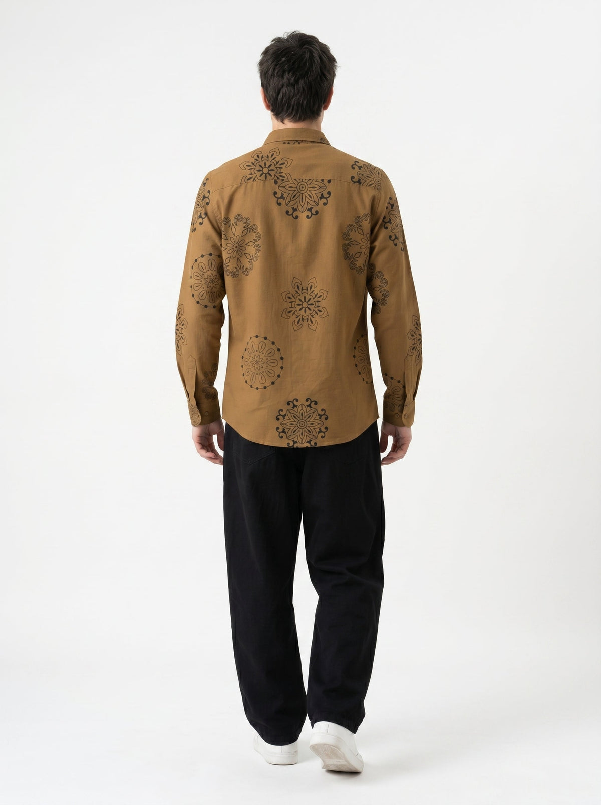 Brown Ethnic Motifs Print Band Collar Cotton Shirt For Men