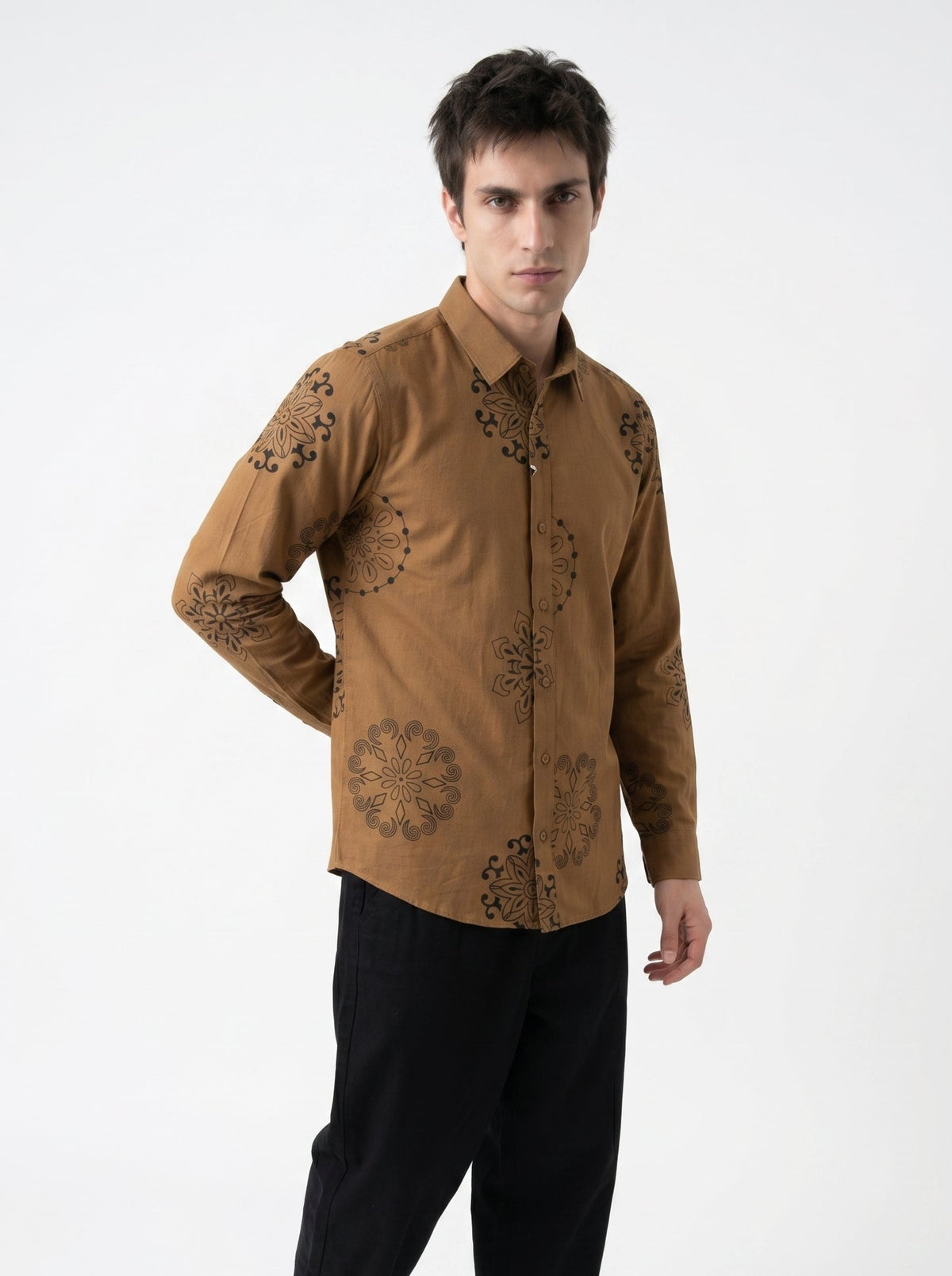 Brown Ethnic Motifs Print Band Collar Cotton Shirt For Men