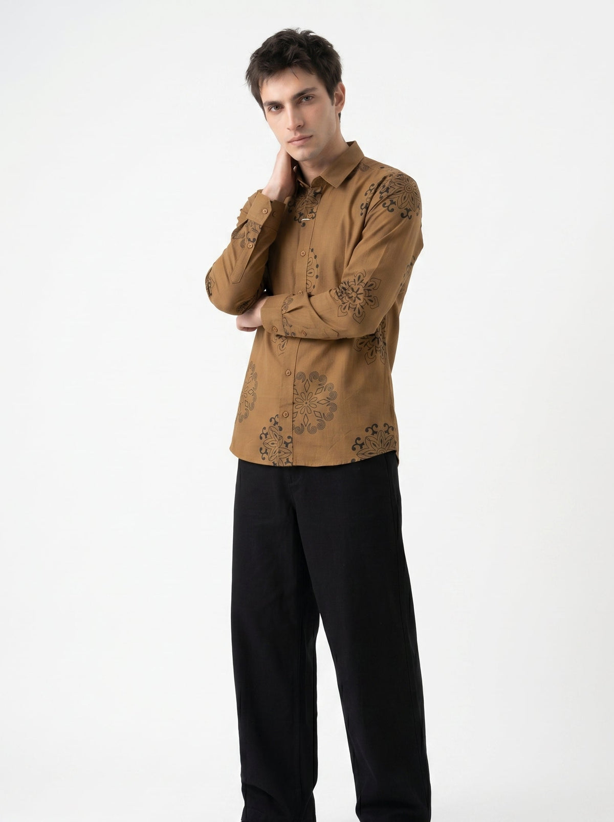 Brown Ethnic Motifs Print Band Collar Cotton Shirt For Men