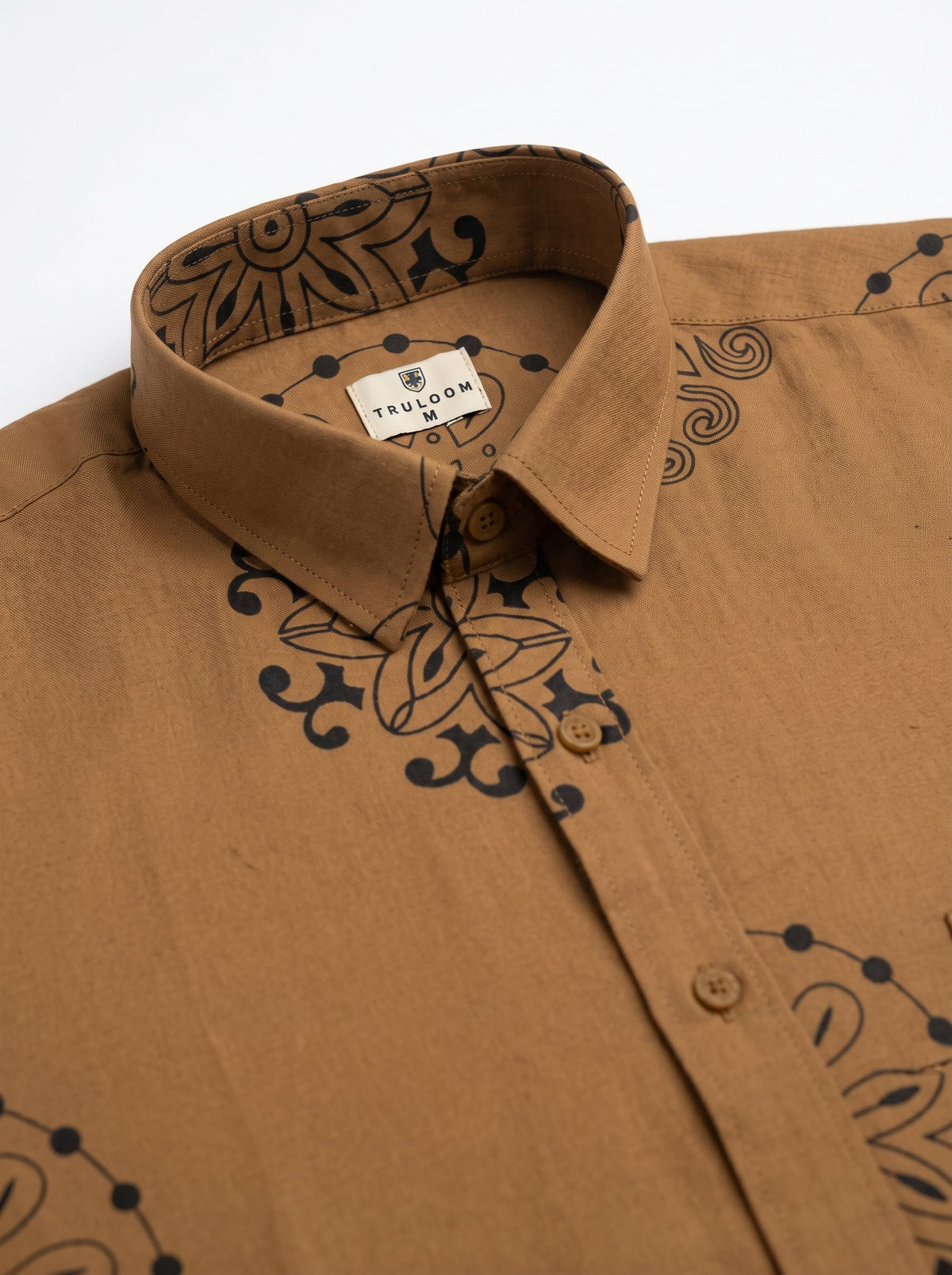 Brown Ethnic Motifs Print Band Collar Cotton Shirt For Men