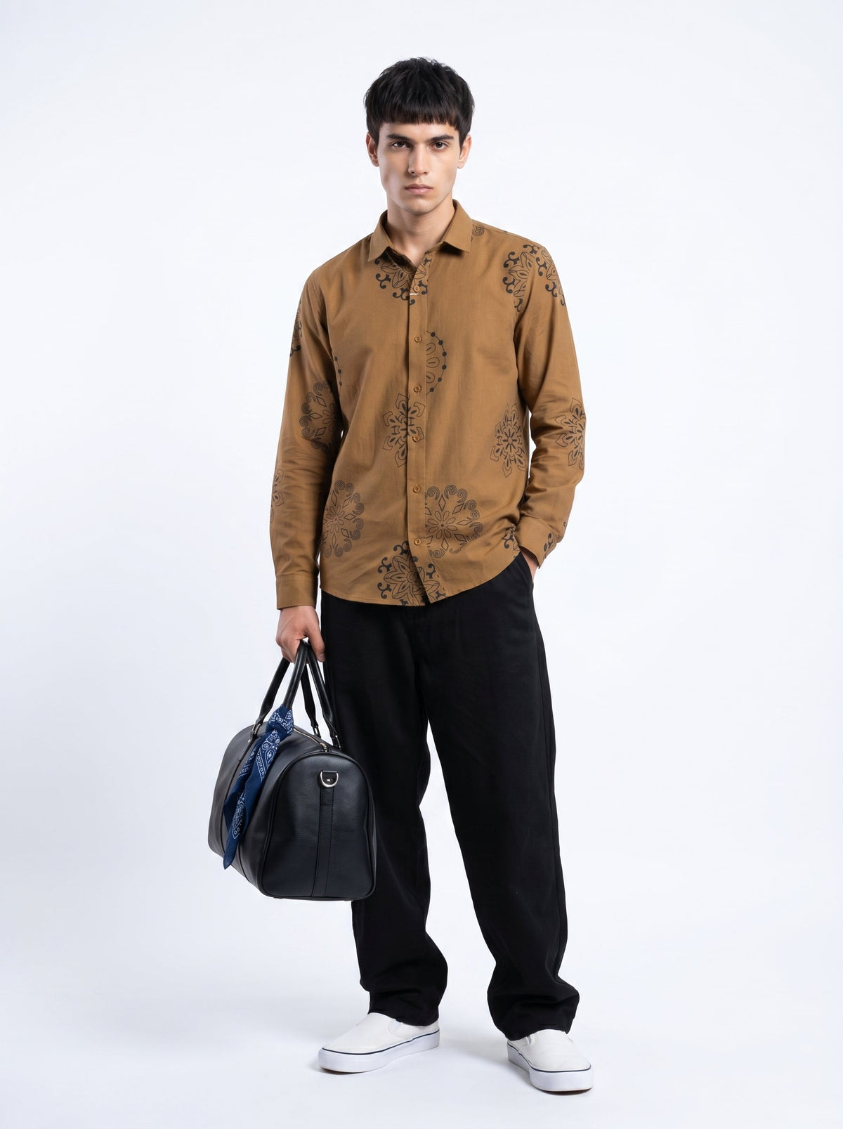Brown Ethnic Motifs Print Band Collar Cotton Shirt For Men