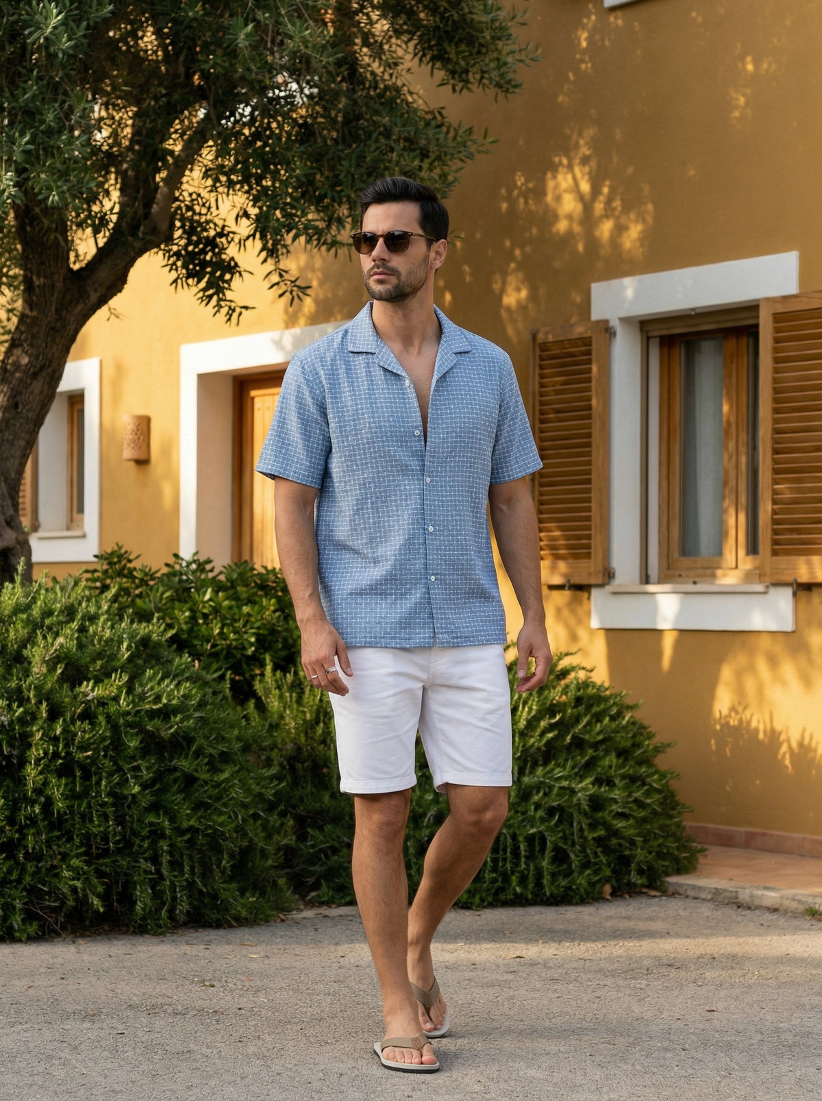 Blue Cuban Collar Windowpane Checks Cotton Oversized Shirt For Men