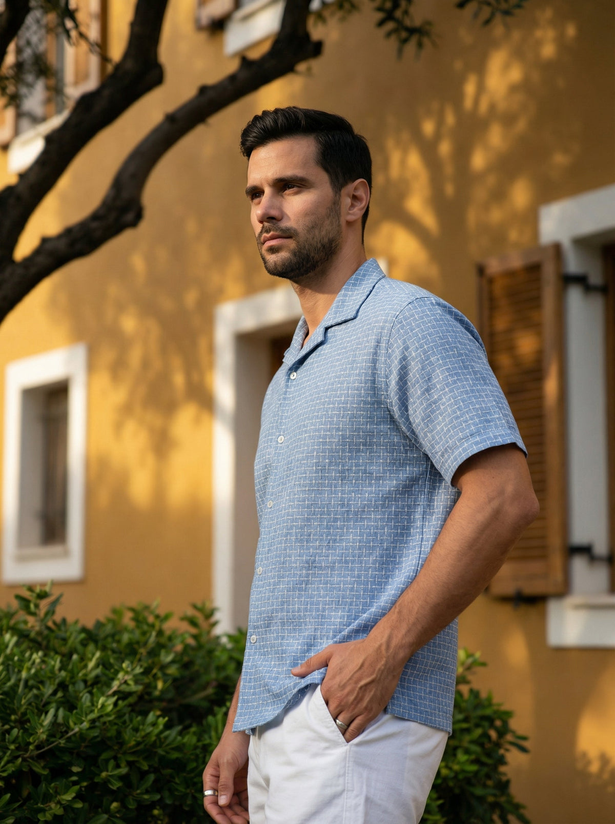 Blue Cuban Collar Windowpane Checks Cotton Oversized Shirt For Men