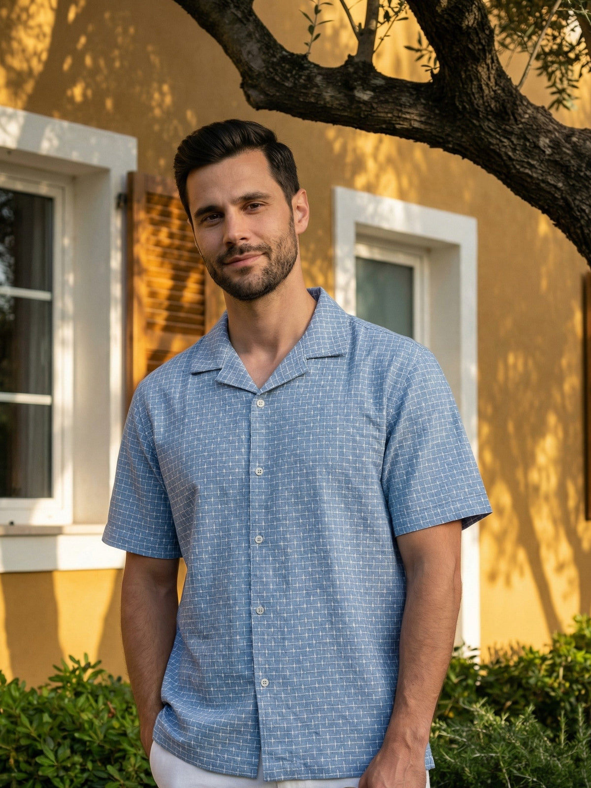 Blue Cuban Collar Windowpane Checks Cotton Oversized Shirt For Men