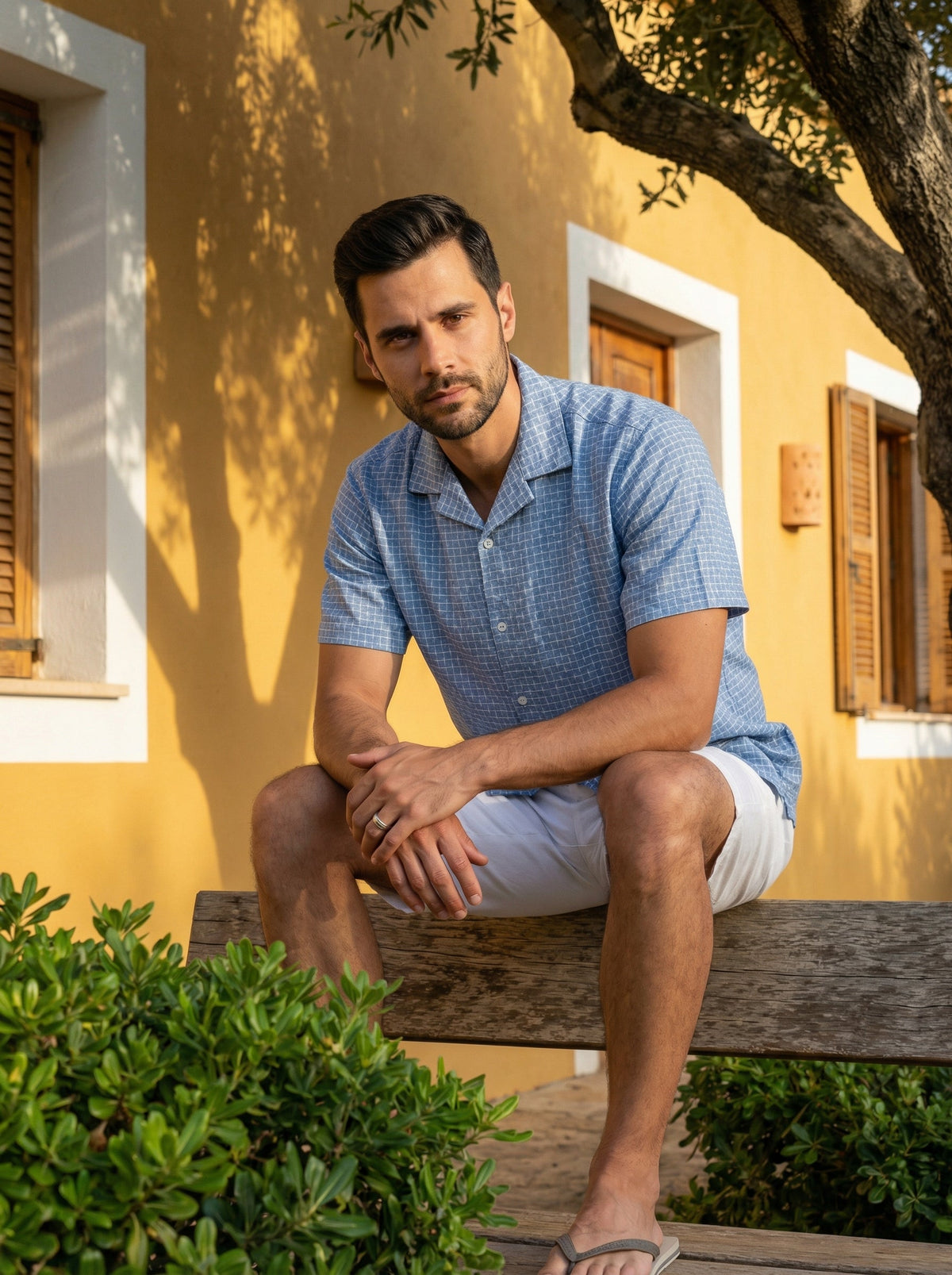 Blue Cuban Collar Windowpane Checks Cotton Oversized Shirt For Men