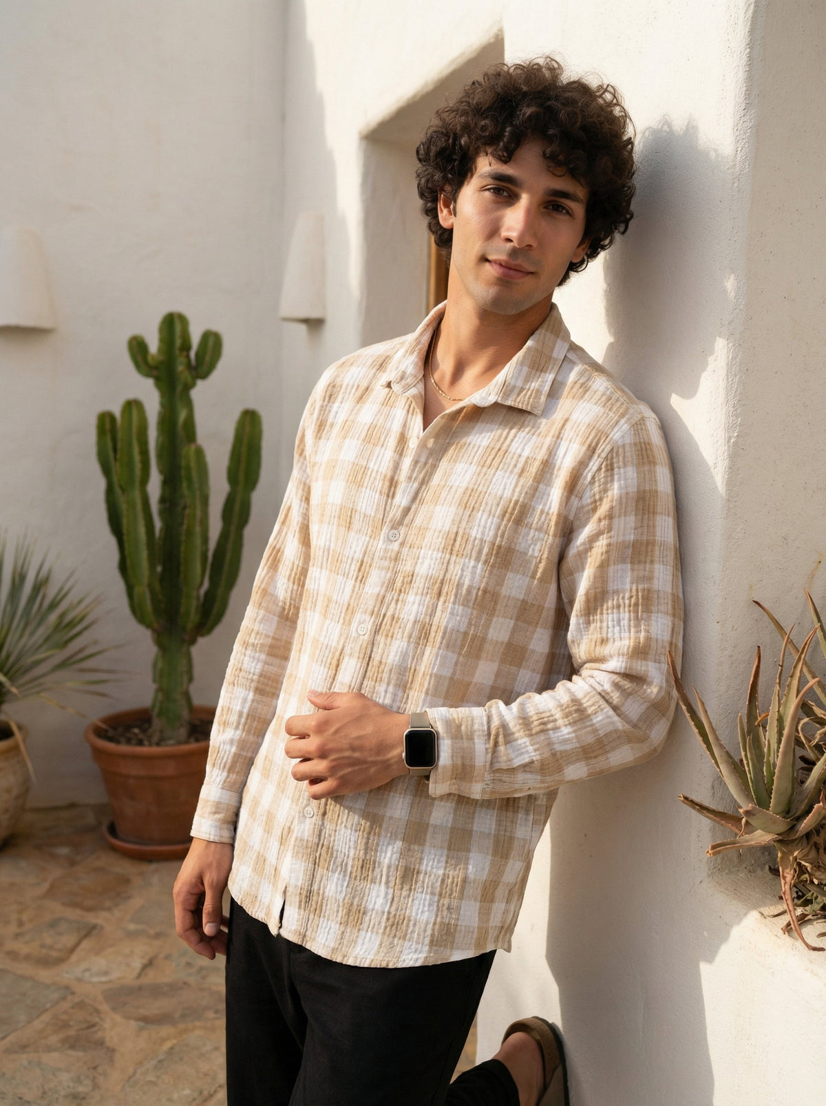 Brown Spread Collar Gingham Checks Cotton Shirt For Men