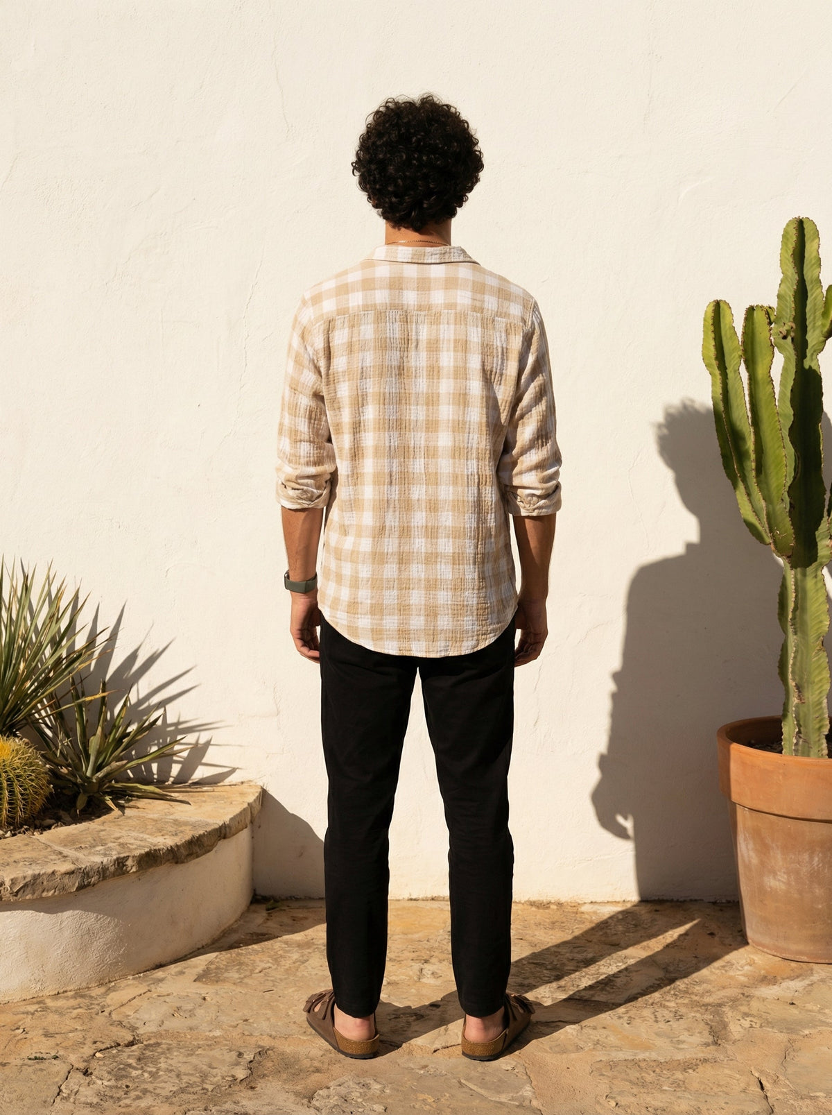 Brown Spread Collar Gingham Checks Cotton Shirt For Men