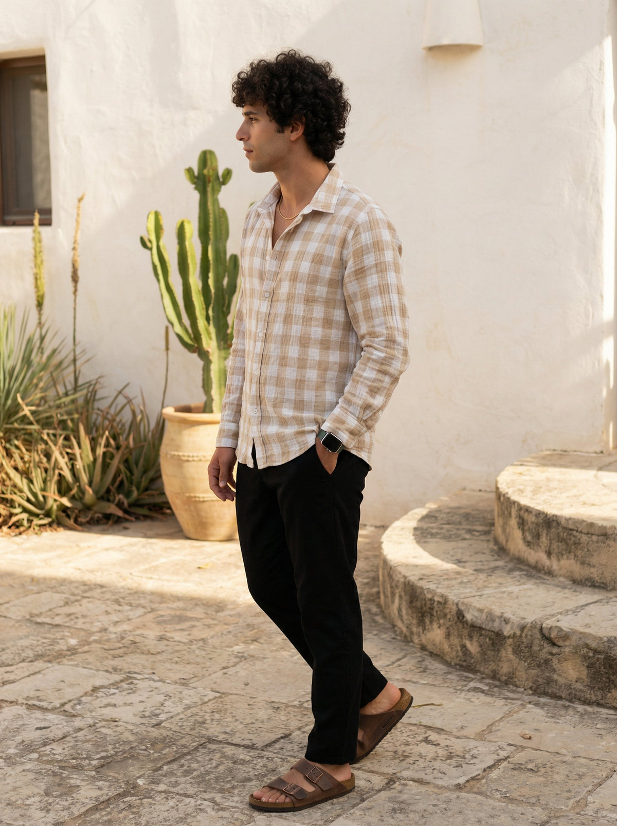 Brown Spread Collar Gingham Checks Cotton Shirt For Men