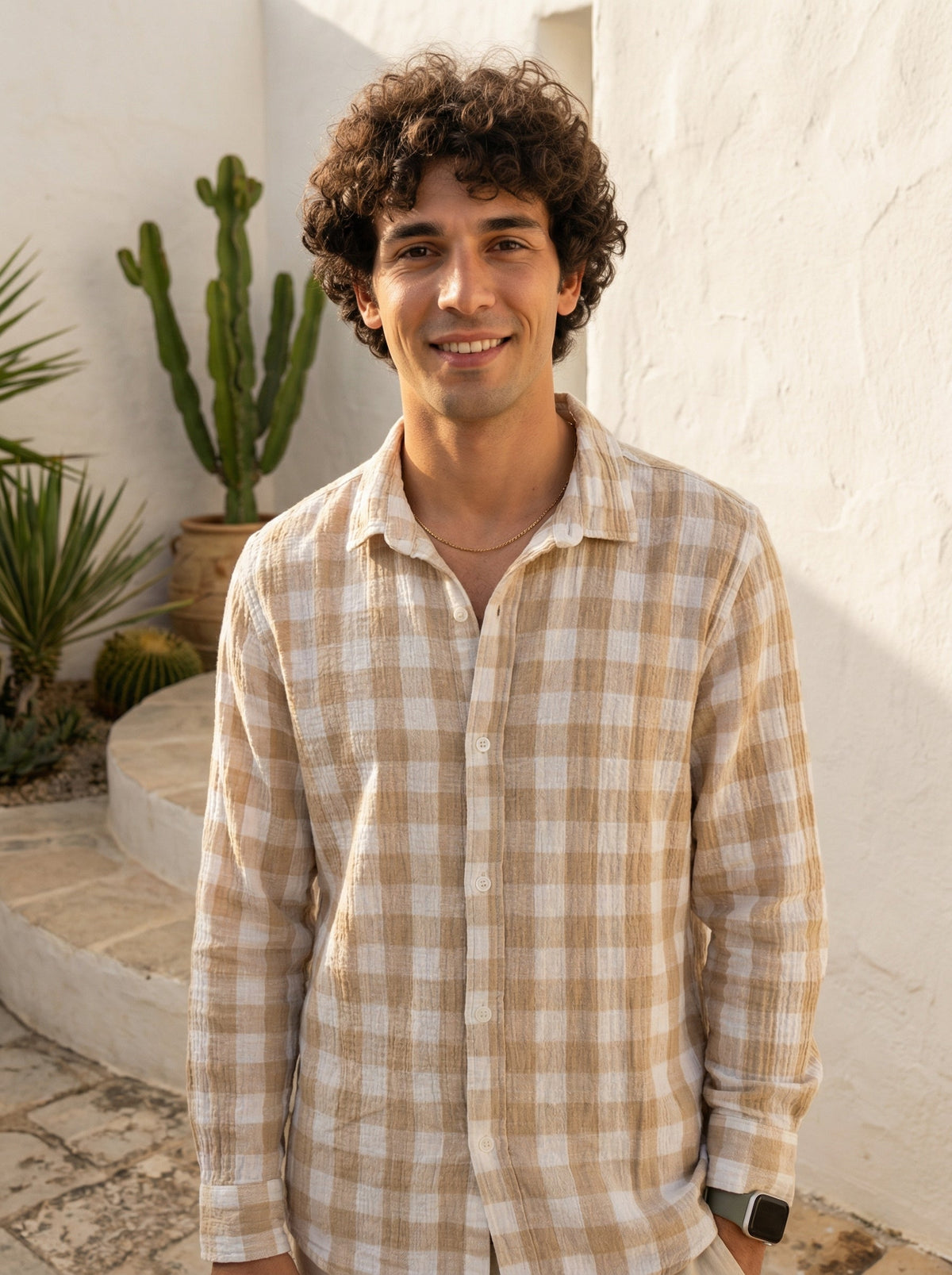 Brown Spread Collar Gingham Checks Cotton Shirt For Men
