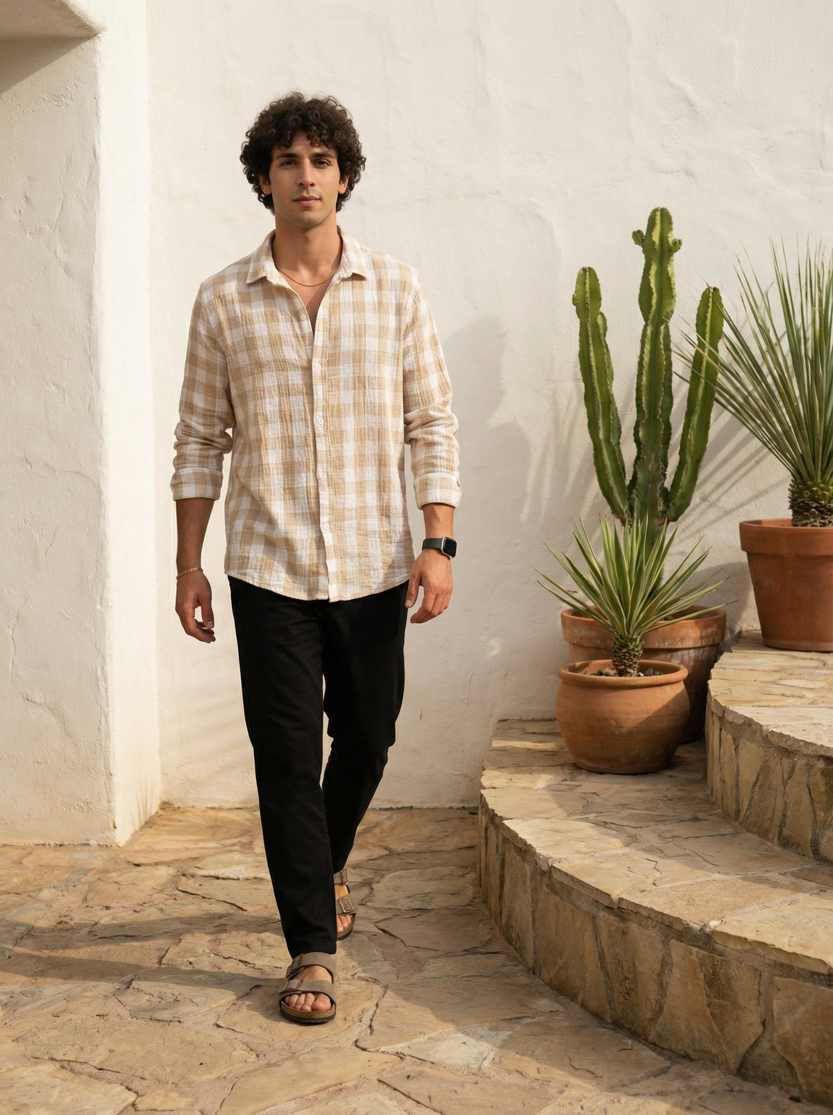 Brown Spread Collar Gingham Checks Cotton Shirt For Men