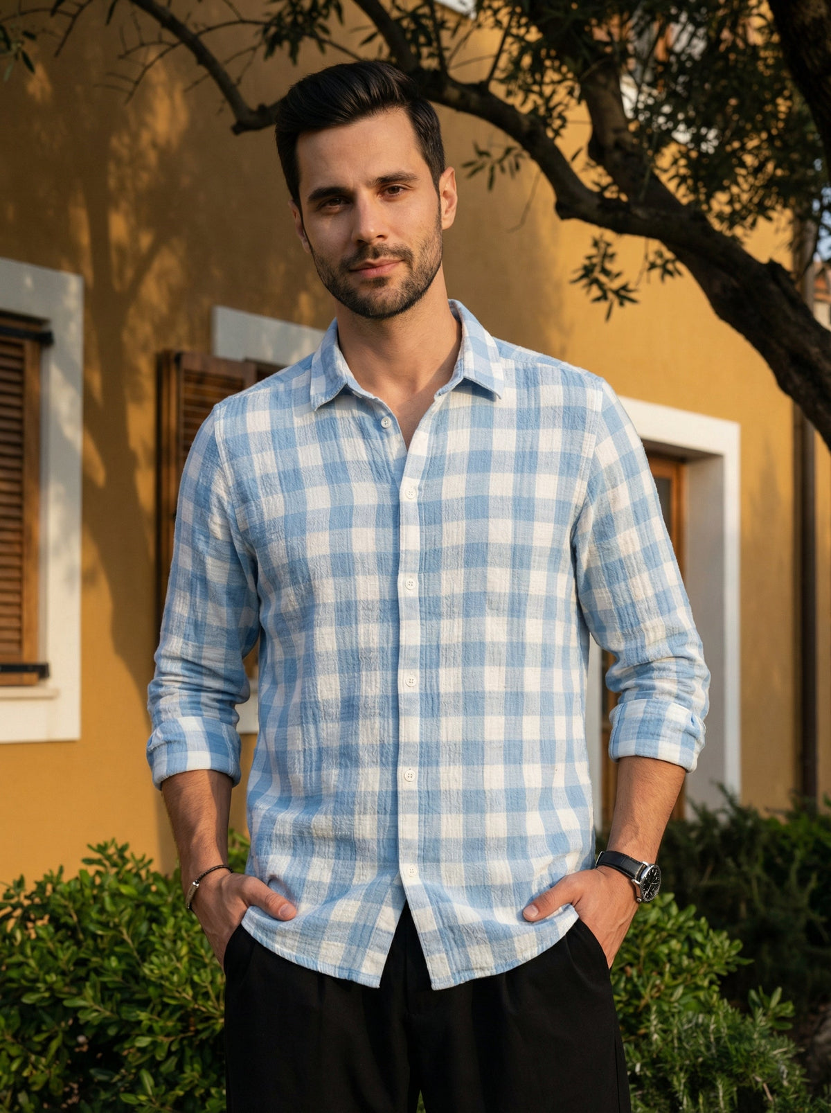 Blue Spread Collar Long Sleeves Gingham Checks Cotton Shirt For Men